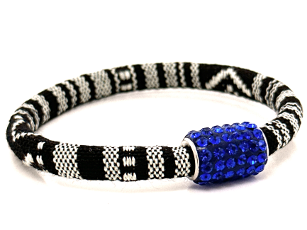 Braccialetto Kilim Black & White Chiusura Magnetica Cristalli Blu