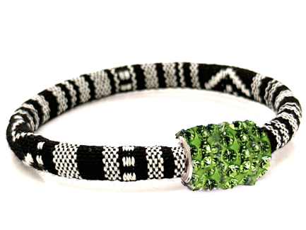 Black & White Kilim Bracelet Magnetic Closure Green Crystals