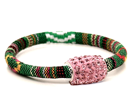 Braccialetto Kilim Green Chiusura Magnetica Cristalli Rosa